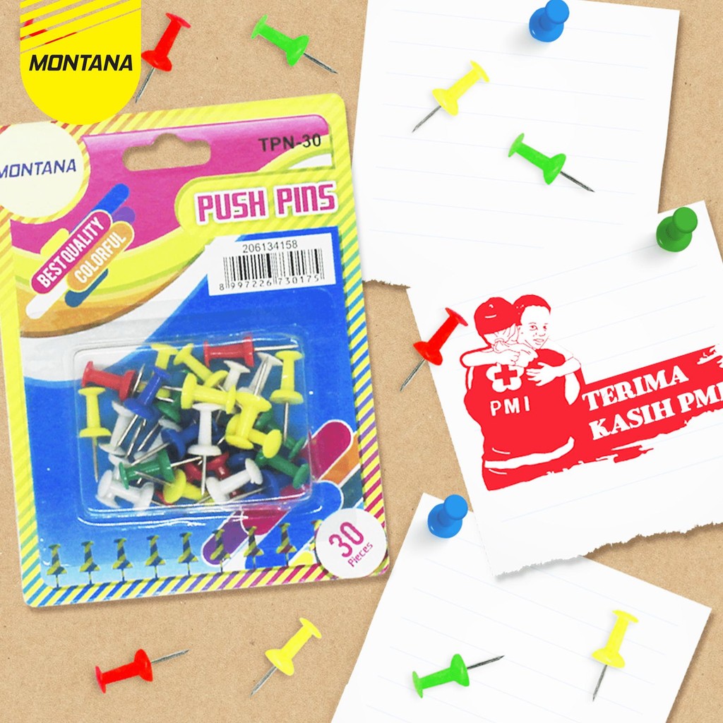 

MONTANA PUSH PIN JARUM TEKAN 30 PCS BEST QUALITY COLORFUL PAKU PIN MULTIWARNA TPN-30
