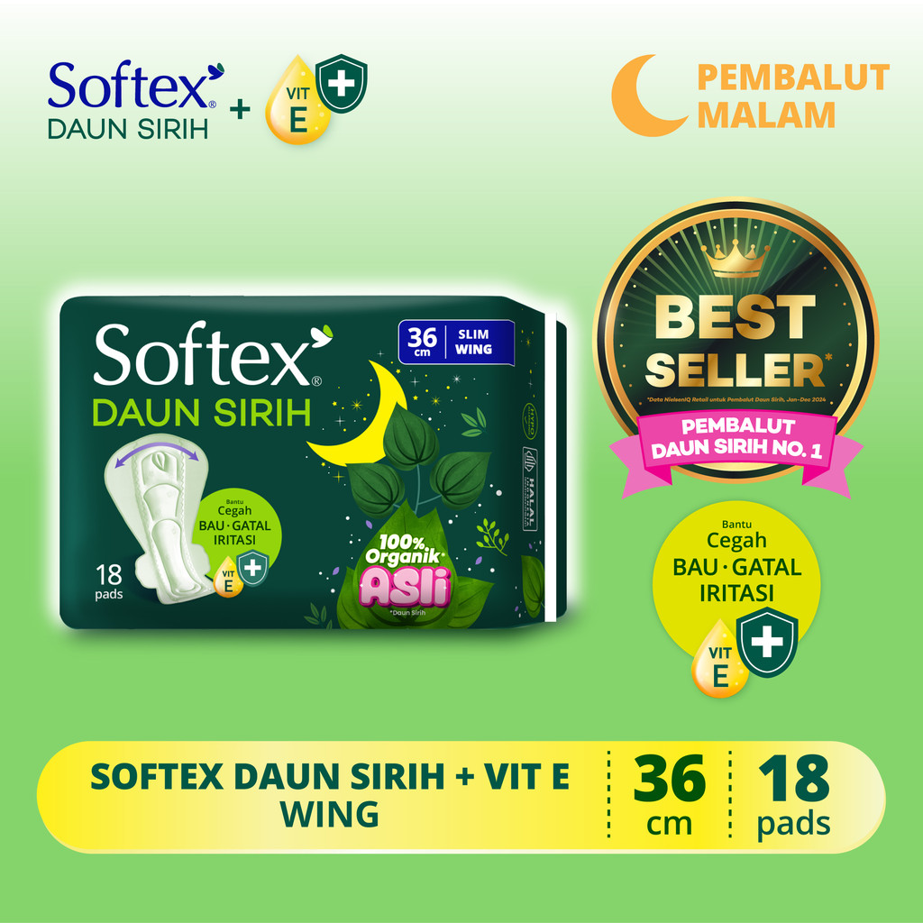 Softex Daun Sirih + Vitamin E Jumbo Pack 36cm 18s - Pembalut Daun Sirih Malam
