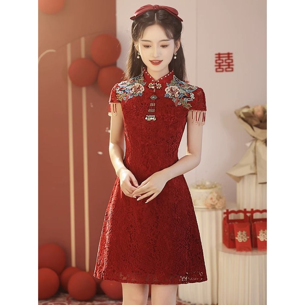 Gaun Tradisional Cina Wanita untuk Pengantin Gaun Cheongsam Slim Fit