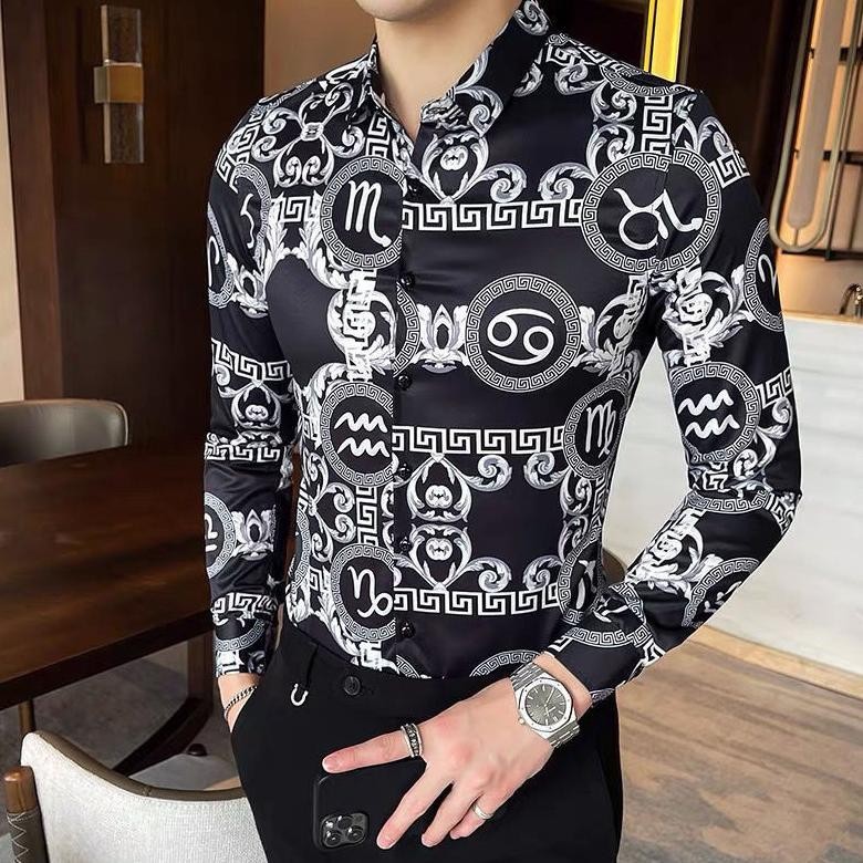 COD-Kemeja Motif Korea untuk Pria, Kemeja Motif Bunga Trendi Slim-Fit Lengan Panjang JunDW