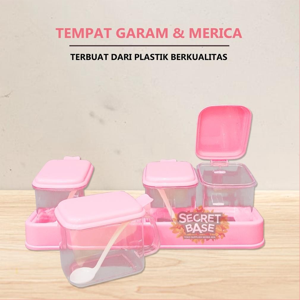 Tempat Bumbu Isi 4 + Sendok Dan Tatakan Golden Sunkist Wadah Bumbu Bubuk Dapur Set Toples Plastik Ga
