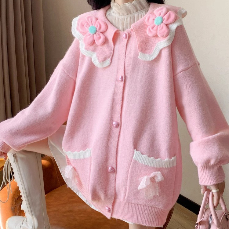 Chu Ran Desain Longgar Rasa Boneka Kerah Rajutan Kardigan Tren Mode Wanita Gaya Baru Mahasiswa Lucu 