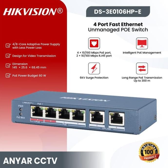 Hikvision Poe / Poe Hikvision Ds-3E0106Hp-E Unmanage New Stok