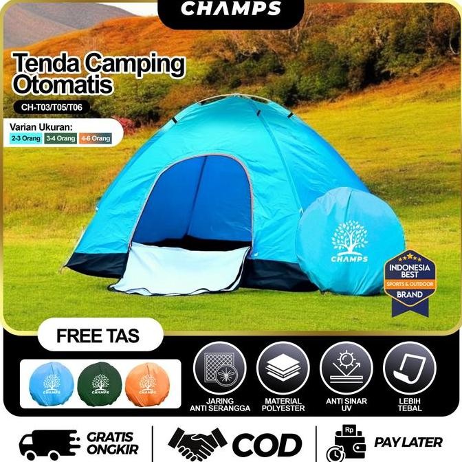 Champs Tenda Camping  Kapasitas 3-5 Orang  Dengan Alas Tenda Anti Air Hujan Otomatis Outdoor & Indoo