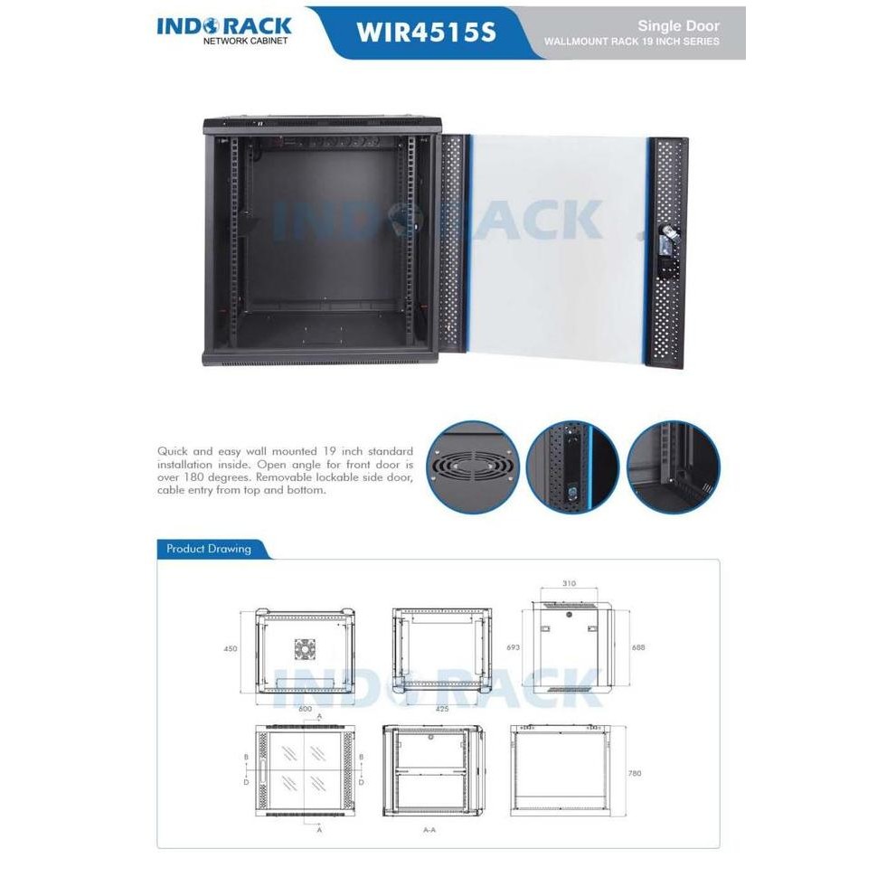 Indorack Wallmount 15U Depth 450Mm Single Door Rackmount Not Abba New Stok