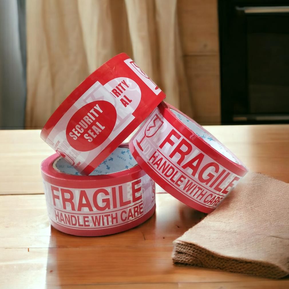

JH8 Lakban Fragile Merah - Putih Ukuran 48 MM x 70 Yard Murah 1 Slop isi 6pcs