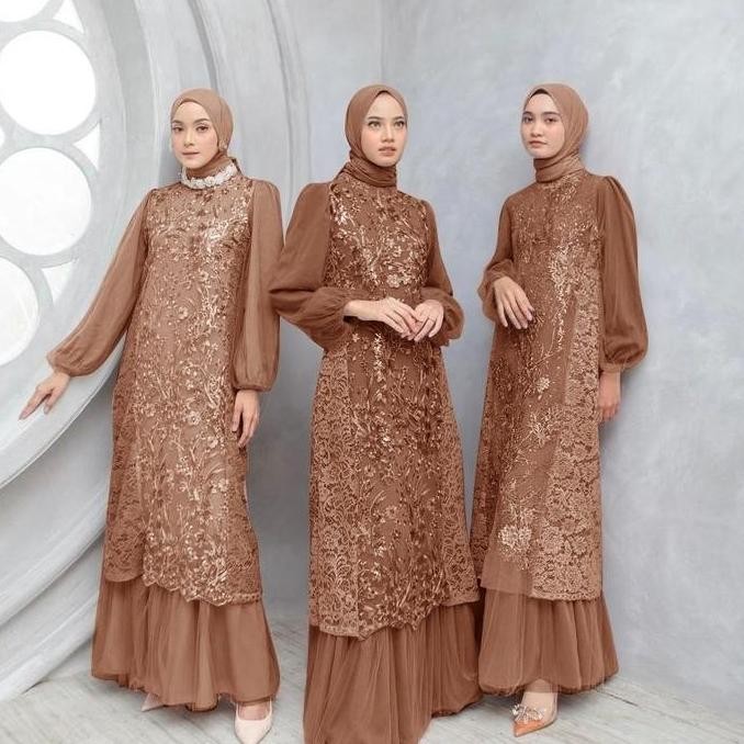 gamis pesta dress Farza mocca baju muslim brukat jumbo murah far at AS