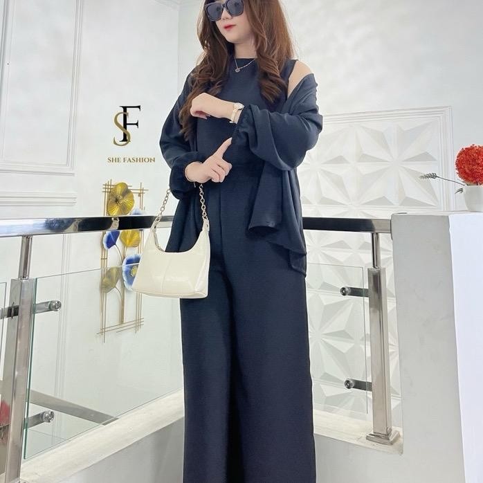 Naomi Set 3 In 1 Set Outher Cardigan Lengan Karet Panjang With Inner Celana Panjang Kulot Hijab Vari