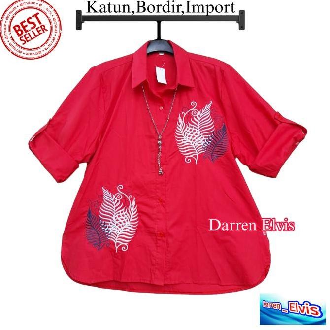 Kemeja Wanita Import / Kotak Merah / Bordir Bunga Mw001