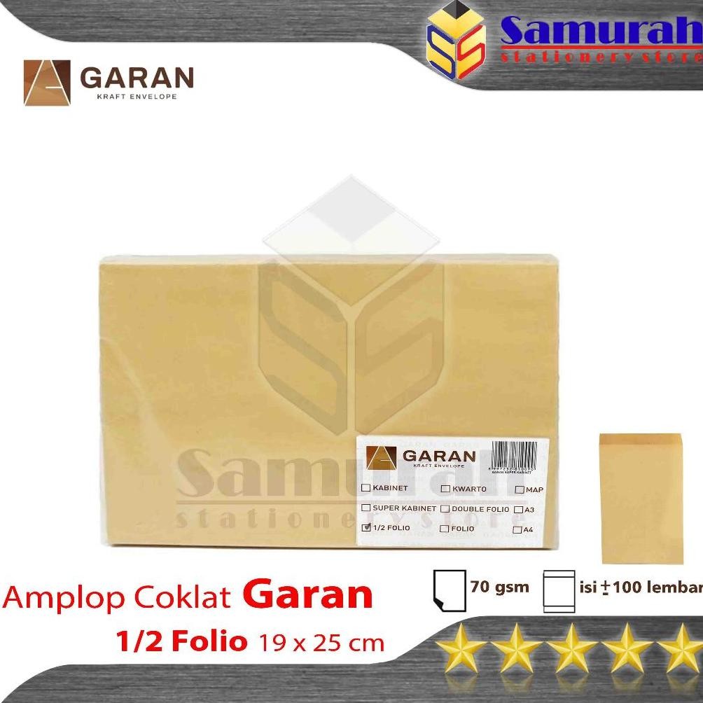 

JH8 Amplop Kertas Coklat GARAN Ukuran 1/2 Folio 19 x 25 cm 1 pak isi 100 tebal 70 Gsm / Gram 19x25