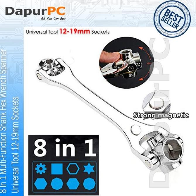 Kunci Pas 8 In 1 Multifungsi Hex Wrench Universal 12-19mm + Magnet