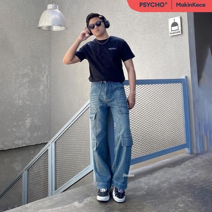 Jiniso Psycho - 555 Highwaist Cargo Loose Jeans Pria