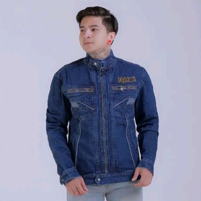 Jaket Jeans Gesper Blue Resleting Denim Panjang Pria Casual Kekinian Formal Cowok Distro