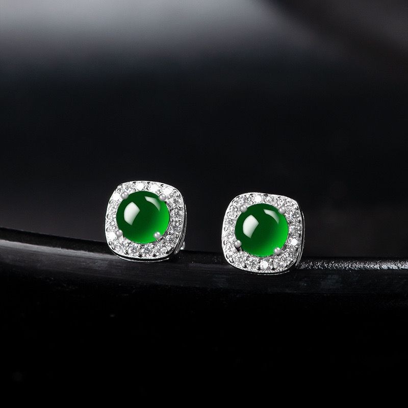 Alami A Anting Cabochon Jadeite Hijau, Jadeite Es S925Wanita Berlapis Perak