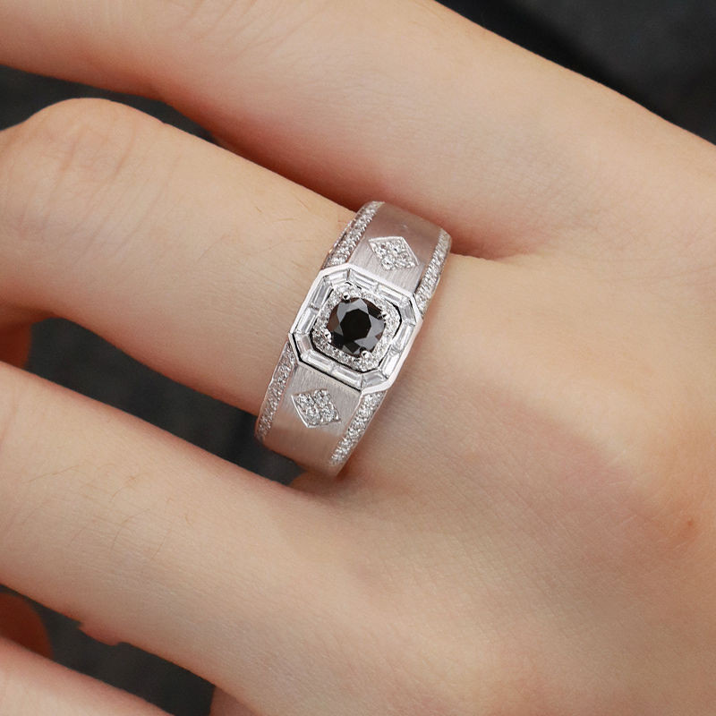 Cincin Pria Emas Putih Berlian Hitam Kerajinan Disikat Cincin Berlian Budidaya Cincin Pria