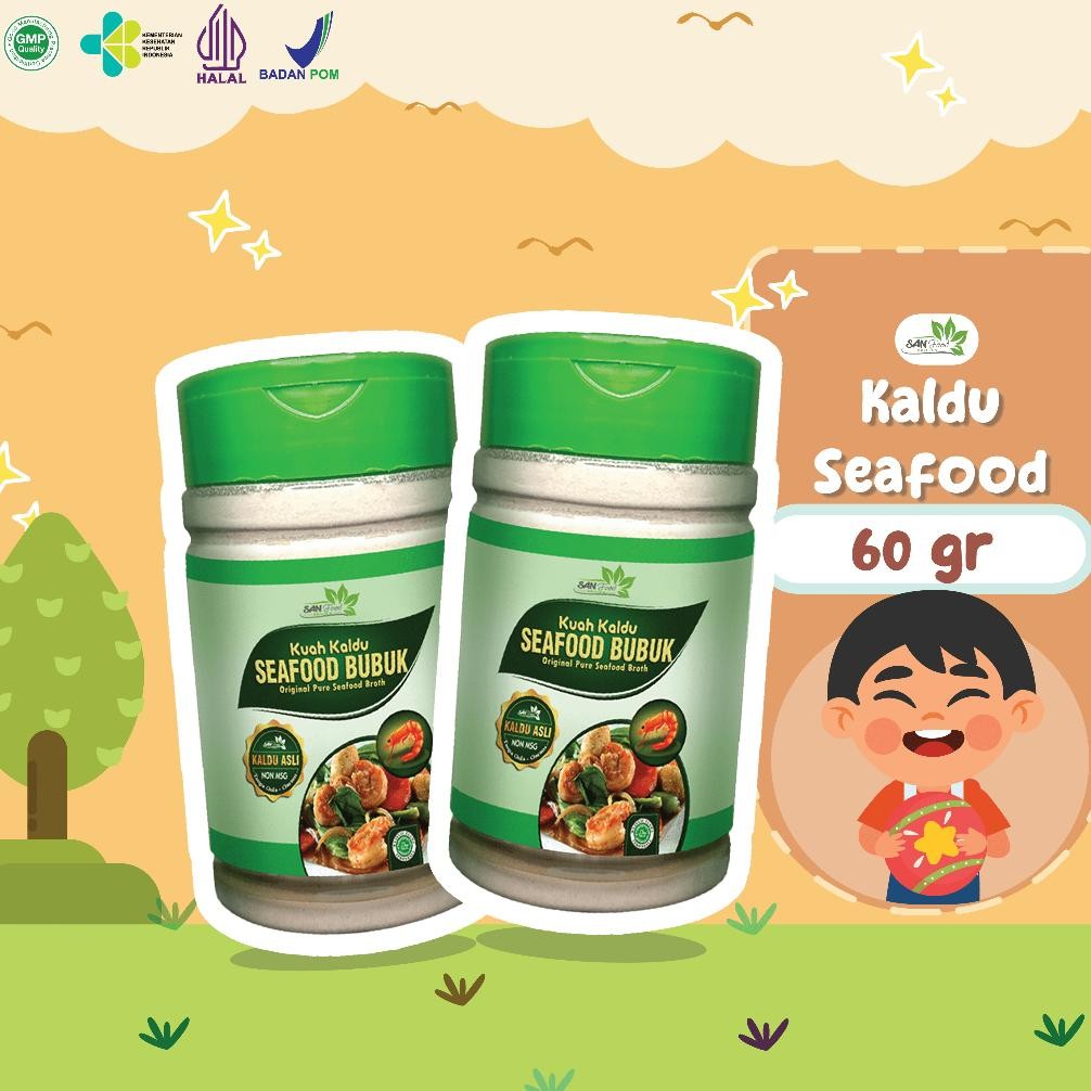 

TERMURAH SANFOOD BRILIAN Kuah Kaldu Seafood Penyedap Rasa Bumbu Kaldu Non MSG pengawet & gulgar kemasan 60gr Siap kirim