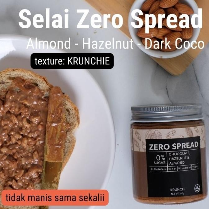 

zerospread almond butter hazelnut dark chocolate 250gr varian krunchie termurah