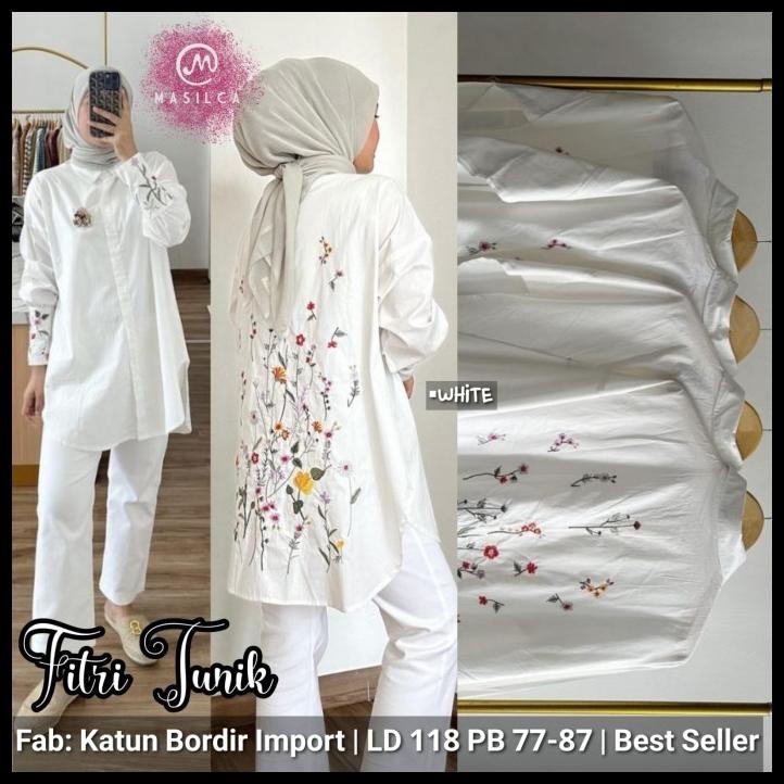Harga Termurah New Fitri Tunik Jumbo Baju Atasan Wanita Putih Katun Bordir Cantik Best Seller