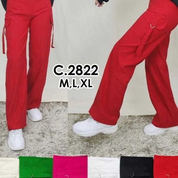 Celana Cargo Wanita Cargo Merah Cotton Trech Muat 85G 2822