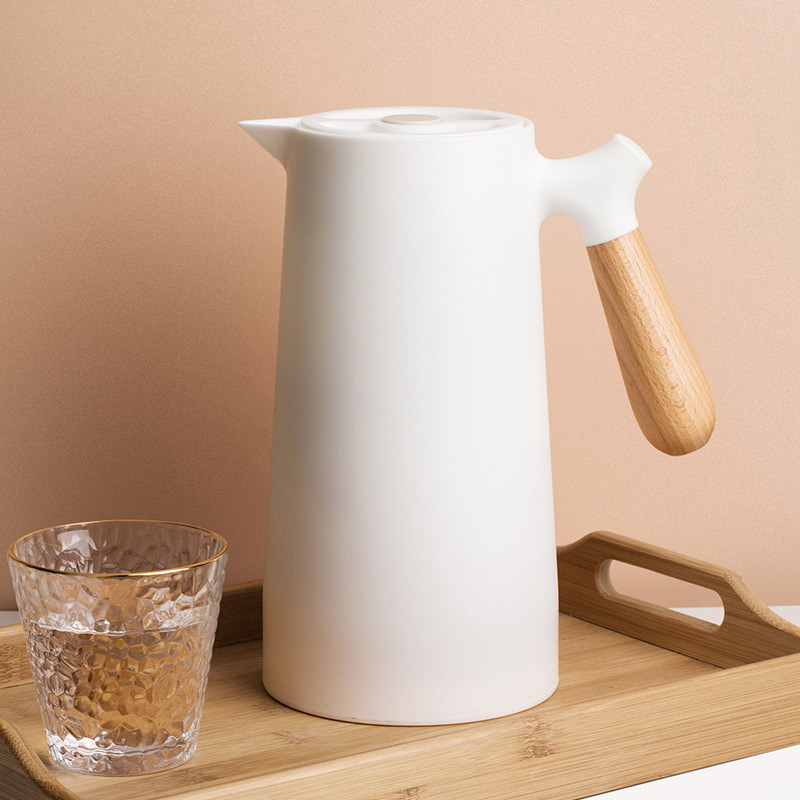 Termos Kaca Tahan Air Panas 24 Jam Aesthetic Gagang Kayu 1 Liter Pencet Teko Desain Pitcher Kopi Teh