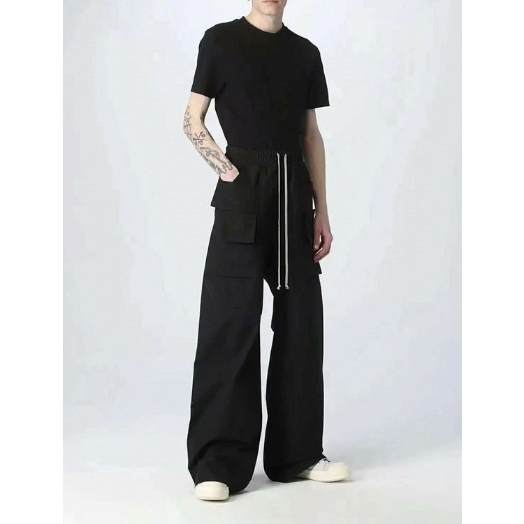 R RICK OWENS RO Double Ring Longgar Lebar Kaki Celana Panjang Berkobar |93liQhoB|
