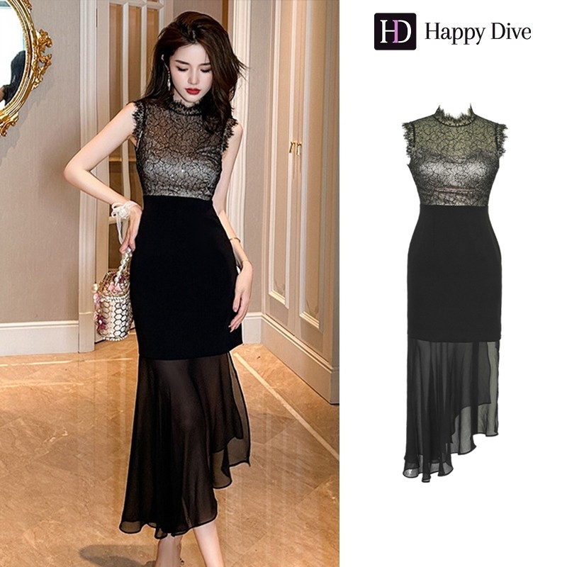 Happy Diva Wanita Renda Seksi Gaun Sifon Hitam Pesta Gaun 20412 |5CJzTgog|