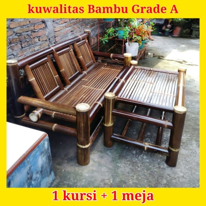 Kursi Panjang + Meja Kursi Bambu Hitam Lincak Bambu Kursi Tamu