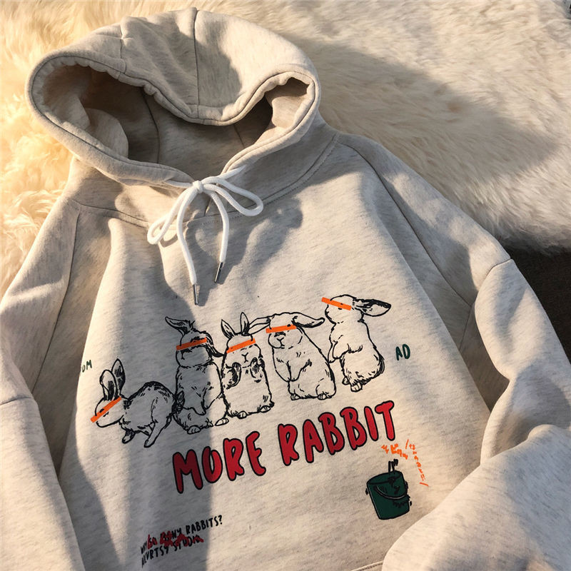 Women's Sweatshirt Rabbit Print Winter Korean Style Fashion Hoodie Kawaii Oversized Hooded Polyester