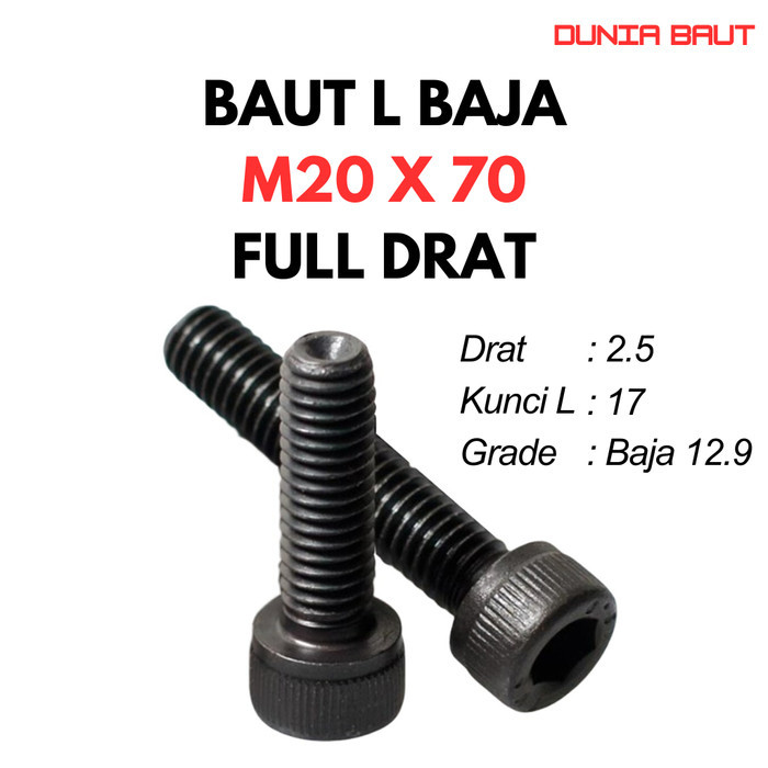 12.9 Baut L Baja M20X70 / 20X70 / M20 X 70 / 20 X 70 FT - Black Hex Socket Head Cap Screw