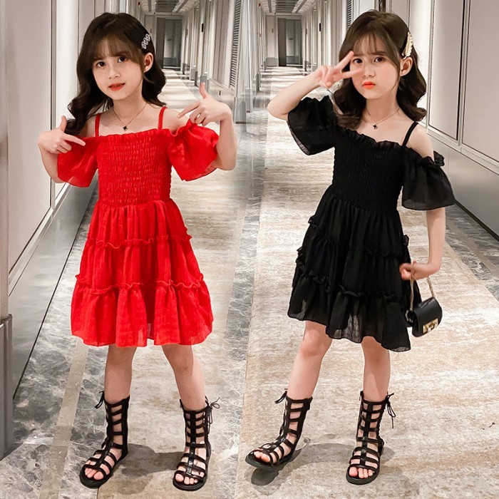 Dress Sabrina Merah Kerut Anak Gaun Anak Perempuan Merah