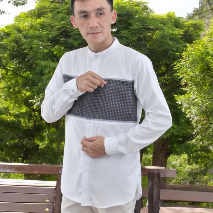 Al Jami - Arga Kemeja Koko Muslim Pria Lengan Panjang Manset Toyobo Kombinasi Kotak Baju Formal Kain
