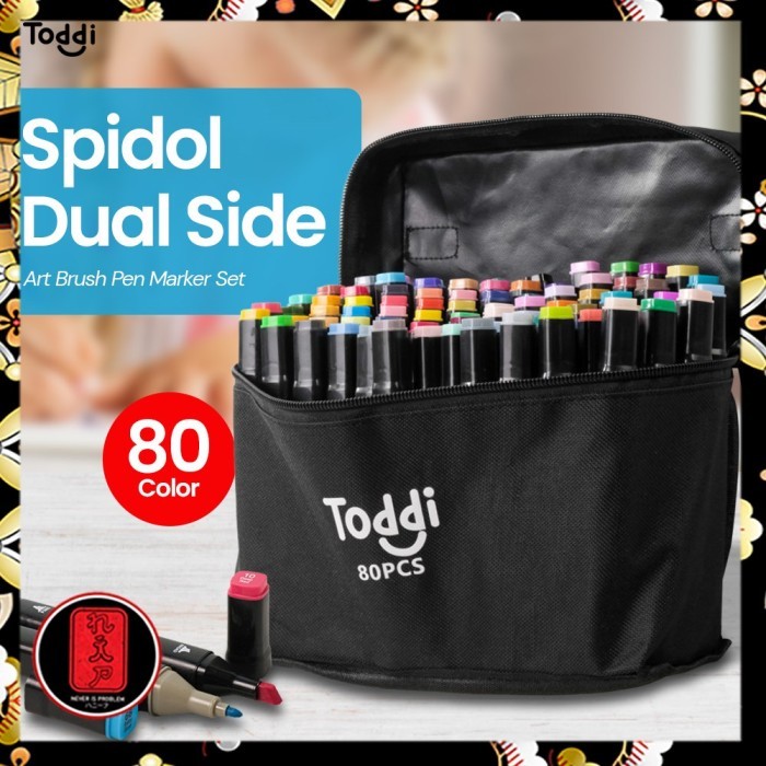 

TERBARU! Toddi Spidol Dual Side Fine Art Brush Pen Art Marker Set 80 Color - HL270 - Black