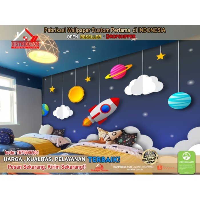 wallpaper custom dinding 3d gambar astronot kartun kamar anak kids