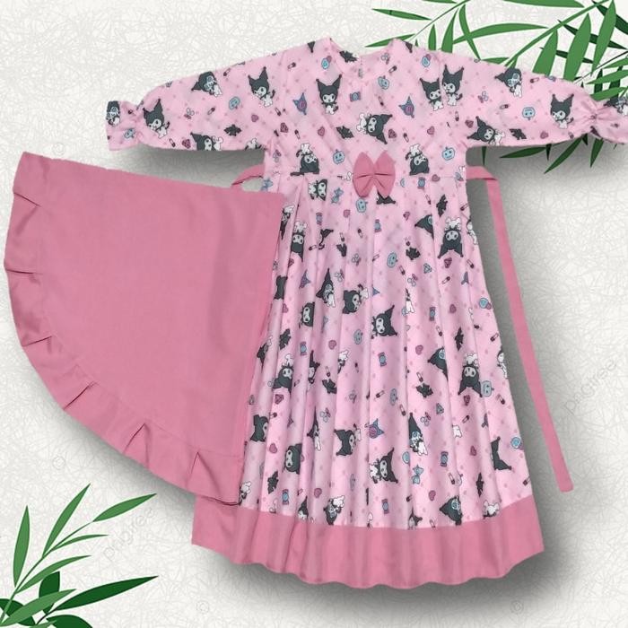 BAJU GAMIS ANAK REMPEL DENGAN HIJAB MOTIF BUNGA DAN KARAKTER MUSLIM HARIAN KANCING DRESS - ESTIMASI