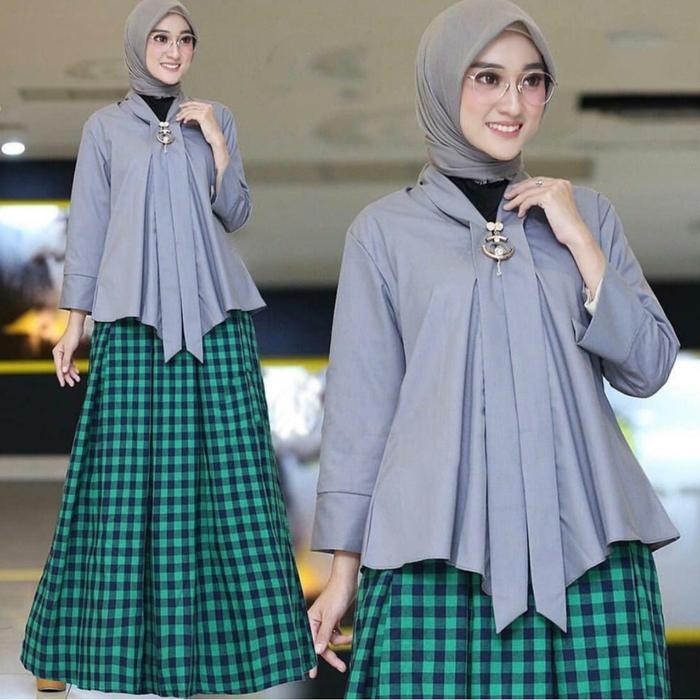 REDI STOK KAKAK SIAP KIRIM Setelan 2in1 Tunik + Rok Tanpa Pashmina Untuk Wanita Muslim Muslim Kotak