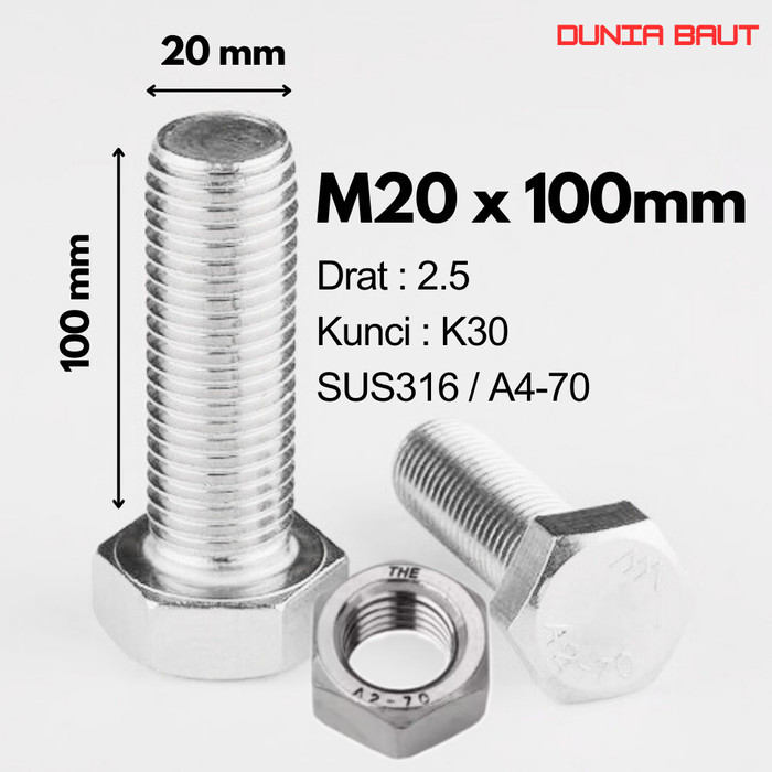 SS316 Baut Hex Stainless M20X100 - Baut Hexagon 20X100 / M20 X 100 / 20 X 100  SUS316 / A4-70 Full D