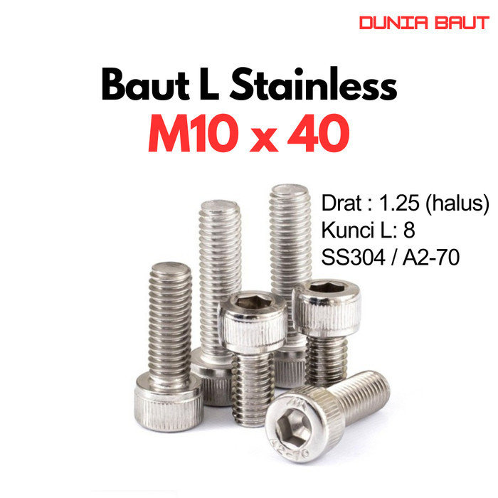 Baut L Halus Stainless M10X40 / 10X40 / M10 X 40 / 10 X 40 Full Drat SS304 / SUS304 / A2-70