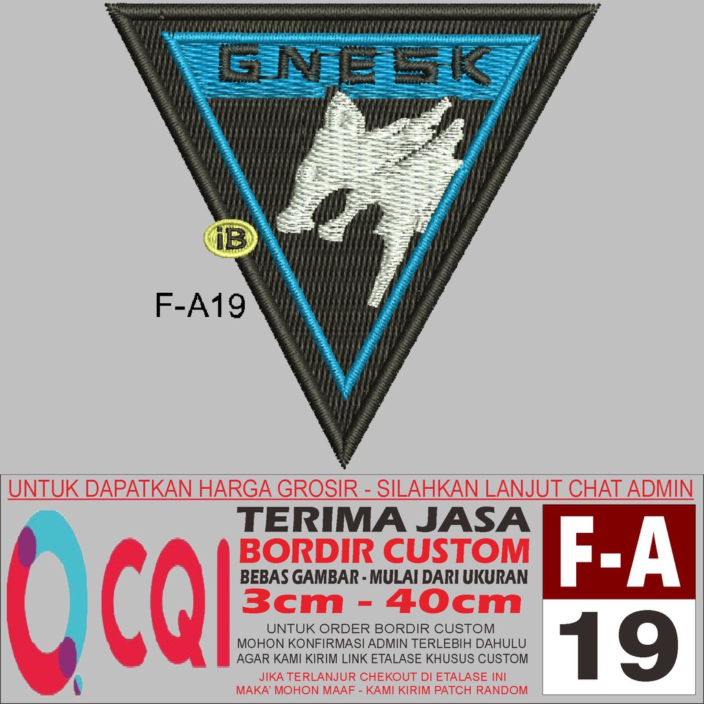PATCH BORDIR LOGO F-A19 GNESK BREAKOUT AREA ARENA SERIGALA SEGITIGA - OCQI EMBROIDERY TESTIMONI