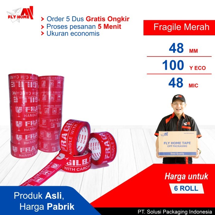 

Barang Terlaris Flyhome Fragile Merah 100 Yard 48Mm X 100Yard 2 Inchi 6 Roll Eco Cod
