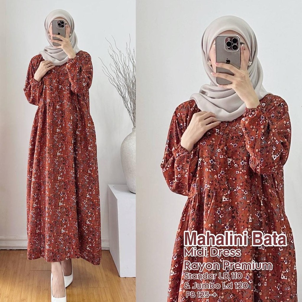 Midi Dress Rayon / Gamis Rayon Viscose Premium Motif Bunga Katun Flowy Busui Friendly Adem Fit Nyama