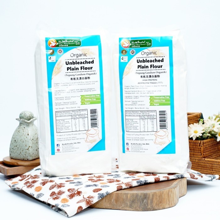 

TERLARIS HEALTH PARADISE ORGANIC UNBLEACHED PLAIN / HIGH PROTEIN FLOUR 500G, 1KG MURAH!!! MURAH