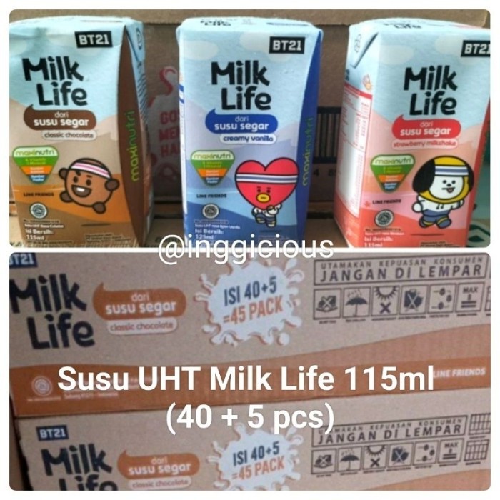 TERLARIS SUSU UHT MILK LIFE 115ML (40 + 5 PCS) SUSU MILK LIFE BT21 DUS SUSU MILK LIFE KARTON UHT