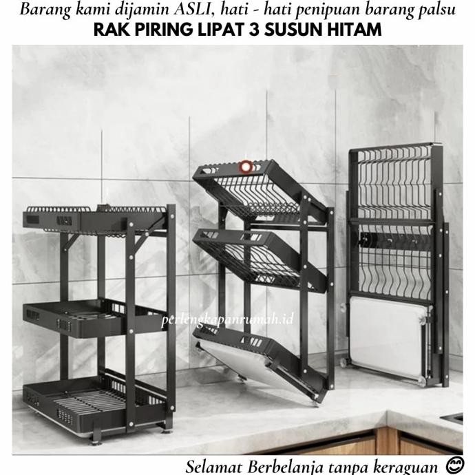 Rak Piring Lipat Gantung Tembok Dinding 3 Susun Hitam Black Stainless Deninatalia12