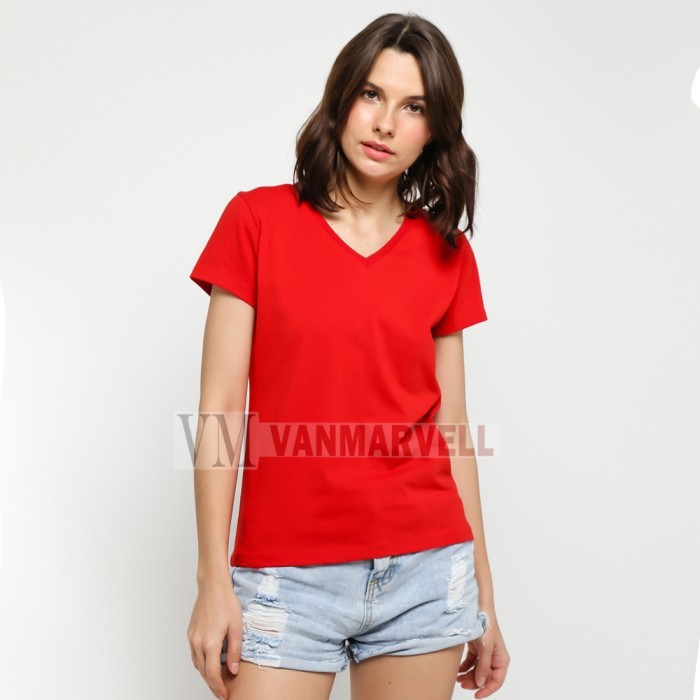 Vm Kaos V Neck Wanita Polos Pendek Merah