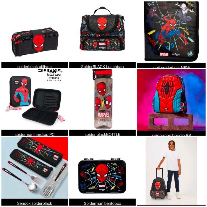 Smiggle Spiderman Backpack, botol, lunch bag, bento box, jr hoodie