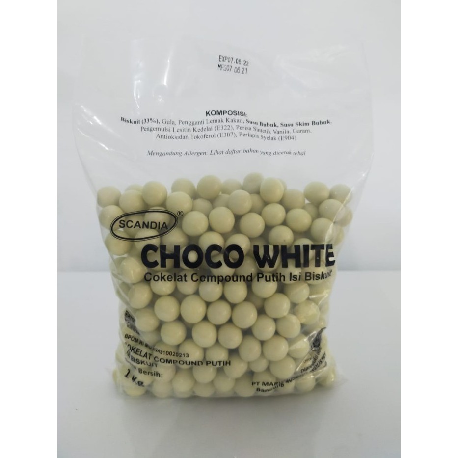 

Ready 1kg coklat Scandia Choco White coklat vanilla isi biskuit hitam