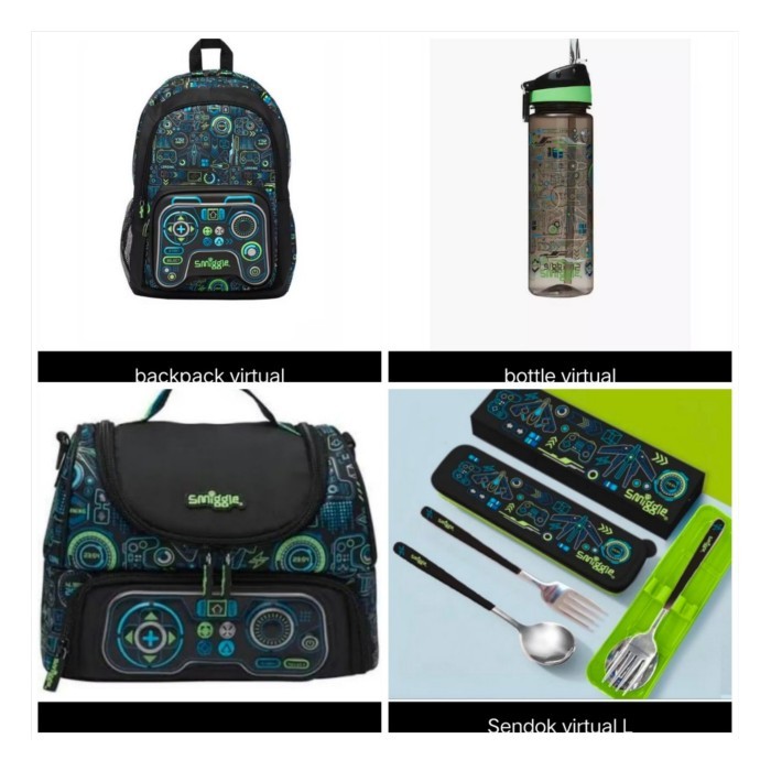 DOVASOID SMIGGLE VITUAL GAME BACKPACK LUNCH BAG BOTOL MINUM SENDOK SET KADO KODE 1187