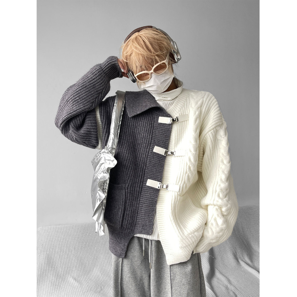 Kardigan rajutan pria, sweter tambal sulam kontras tidak beraturan, jaket rajutan longgar tebal