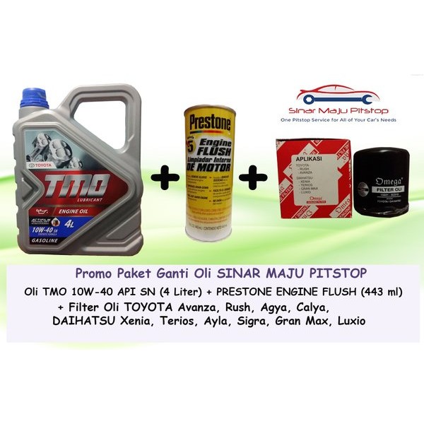 Paket Ganti Oli DAIHATSU TERIOS - Toyota Motor Oil TMO 10W-40 & Filter Oli & Prestone Engine Flush