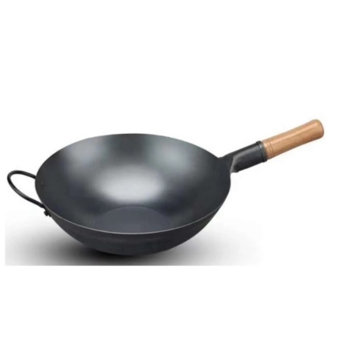Wok/Wajan/Kuali Besi Baja dengan gagang kayu 40 Cm